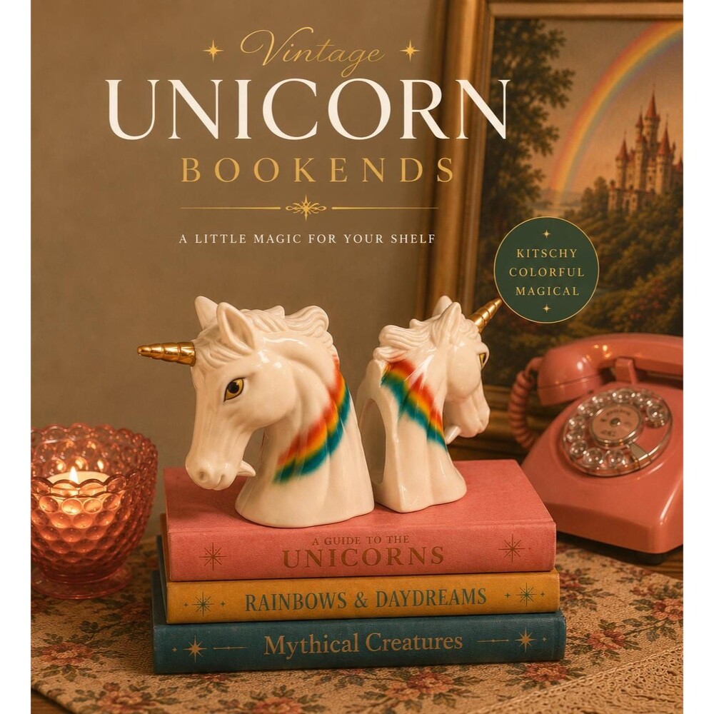 Vintage Unicorn Head Bookends | White Matte Fantasy Decor | Gold Horns | Rainbow